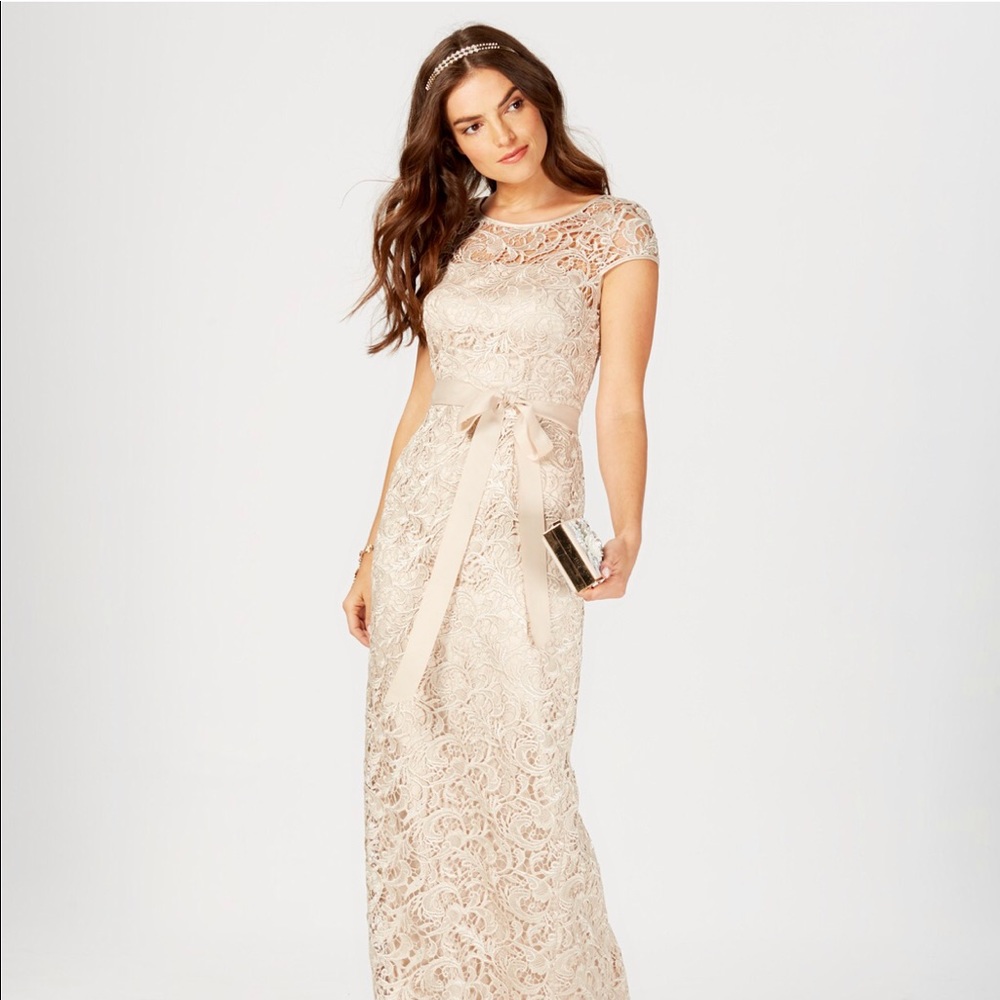 Adrianna Papell Gold/Taupe Maxi Dress Cap sleeve